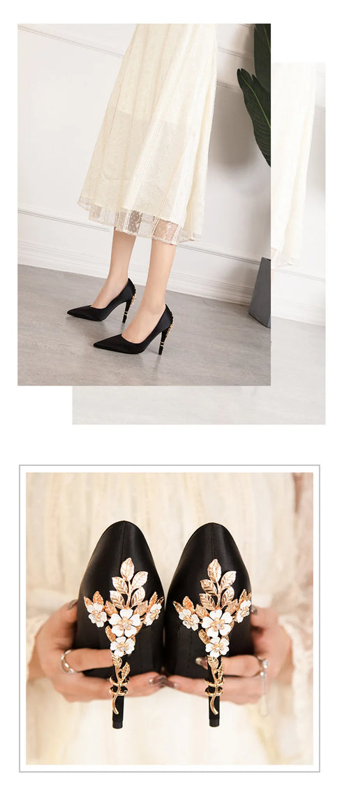 Elegant Crystal-Embellished Silk Pointed Toe Pumps for Women - Luxurious High Heels Perfect for Bridal and Evening Wear, Sexy Dress Shoes with Thin Heels